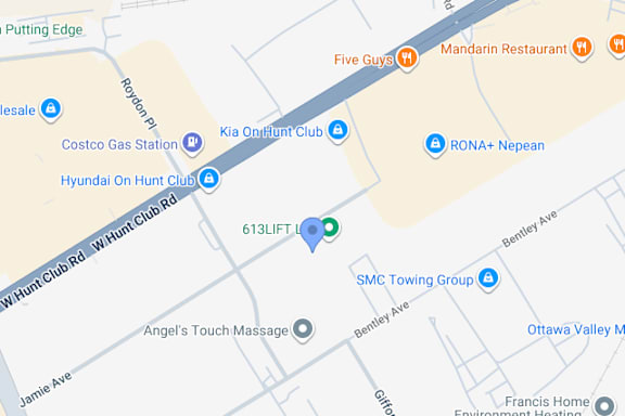 A map shows a street with various businesses and locations marked on it.
