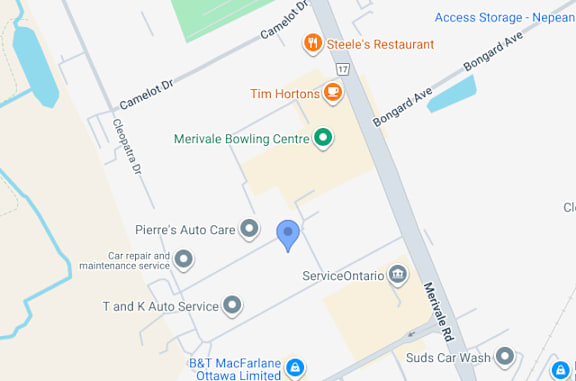 A map shows a street with various businesses and services such as a bowling centre and an auto care service.