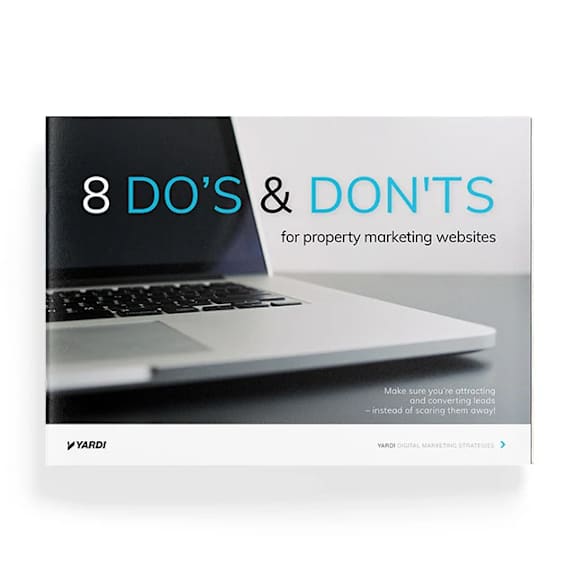 A laptop screen displays the title "8 DO'S & DON'TS for property marketing websites" with a subtitle about attracting and converting leads.