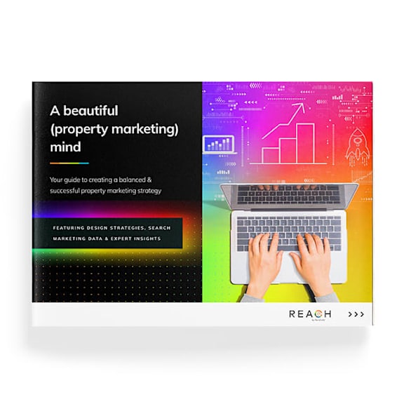 A book cover about property marketing with a laptop and graphs on the right side.