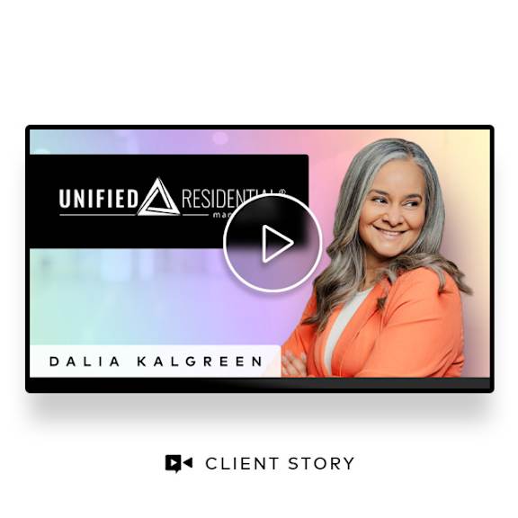 A video player with the text "UNIFIED RESIDENTIAL MANAGEMENT" and "Dalia Kalgreen" on the screen.