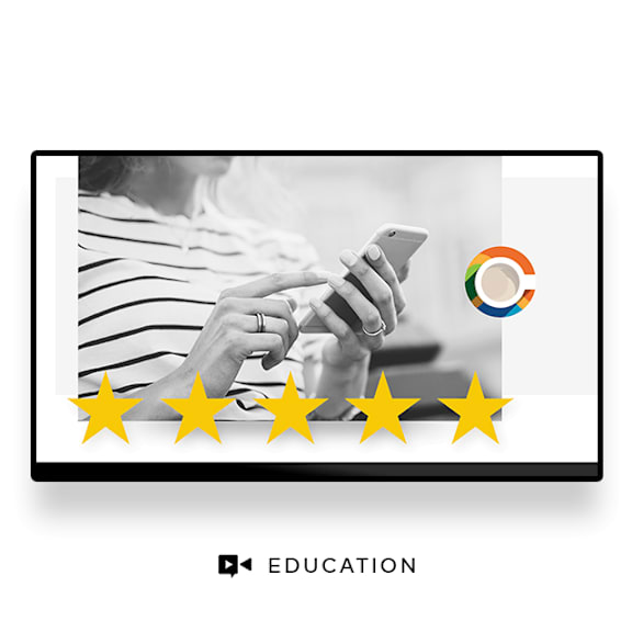 A person is holding a smartphone with five yellow stars above their hand.