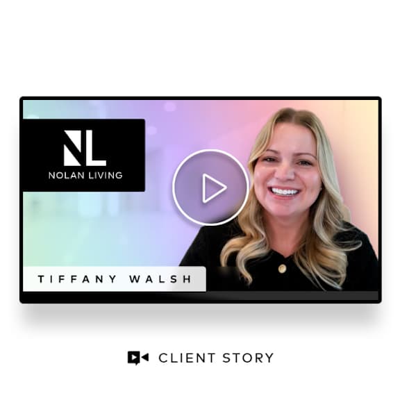 A video player interface with the title "Client Story" and the name "Tiffany Walsh" displayed.