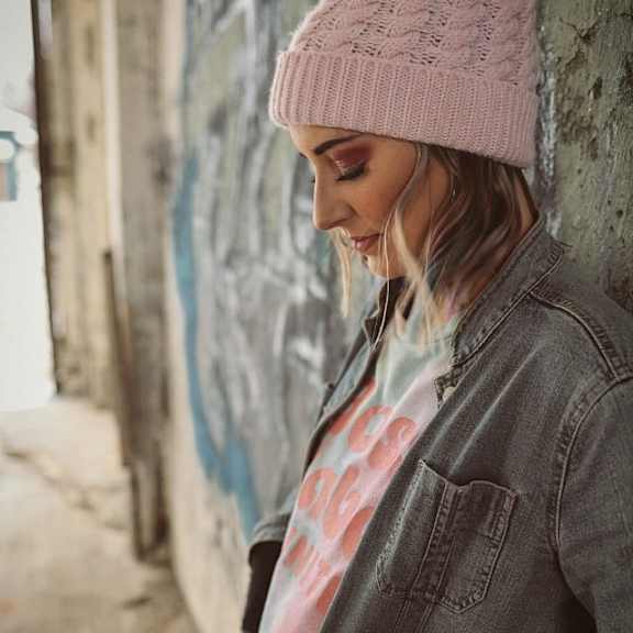 A woman wearing a pink beanie and a denim jacket is leaning against a wall.