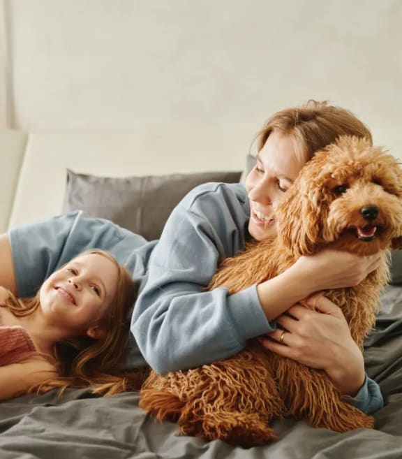 a woman and a child laying on a bed with a dog