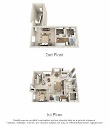 Camden 3D. 3 bedroom apartment. 1st floor entry. Kitchen with bartop open to living/dinning rooms. 2 full bathrooms, double vanities. Walk-in closets. Master on 3rd floor. Patio/balcony.