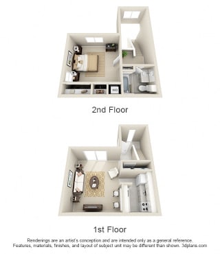 3D Snowshoe 1 bedroom townhome. 1st floor kitchen-living area. 2nd floor bedroom 1 bath. large closets. in-unit laundry.