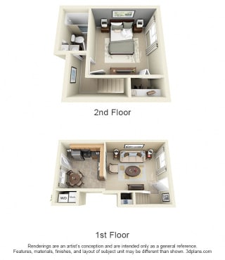 3D Juniper 1 bedroom townhome. 1st floor eat-in kitchen-living-laundry. 2nd floor bedroom-full bath-closet.