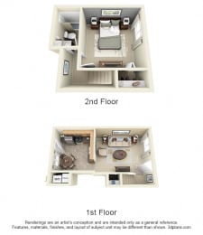3D Juniper 1 bedroom townhome. 1st floor eat-in kitchen-living-laundry. 2nd floor bedroom-full bath-closet.
