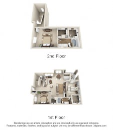 Camden 3D. 3 bedroom apartment. 1st floor entry. Kitchen with bartop open to living/dinning rooms. 2 full bathrooms, double vanities. Walk-in closets. Master on 3rd floor. Patio/balcony.