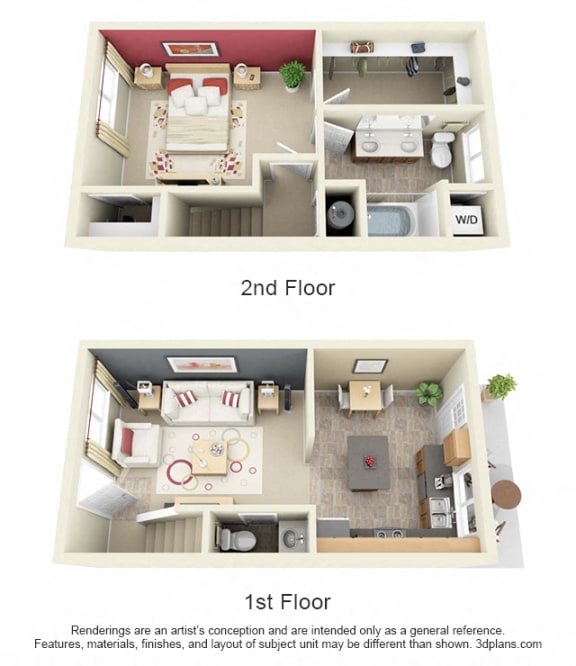 3D Caraway 1 bedroom townhome. 1st floor eat-in kitchen-living-half bath. 2nd floor bedroom, full bath double vanity. Expansive walk-in closet. In-unit laundry