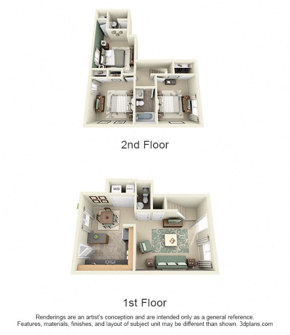 3D Tarragon 3 bedroom townhome. 1st floor kitchen-dining-laundry-living-half bath. 2nd floor bedrooms-1 shared bath-1 half bath. Closets