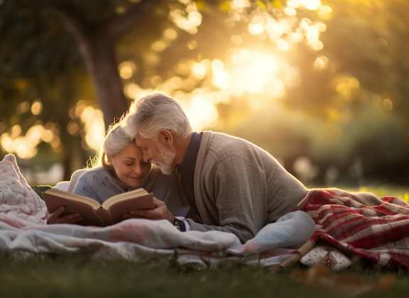 an older couple reading a book on a blanket in the park at Shenandoah Properties in Lafayette, IN 47905