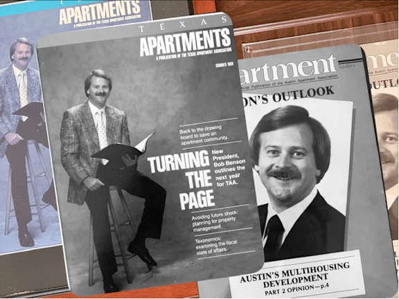 A stack of magazines with the top one titled "Apartments" and a man in a suit on the cover.