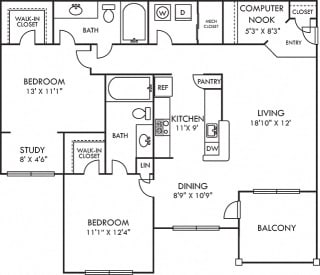 Addison 2 bedroom apartment. galley kitchen with bartop open to living-dining area. Study with built-in desk. 2 full baths. walk-in closets. in-unit laundry. balcony.
