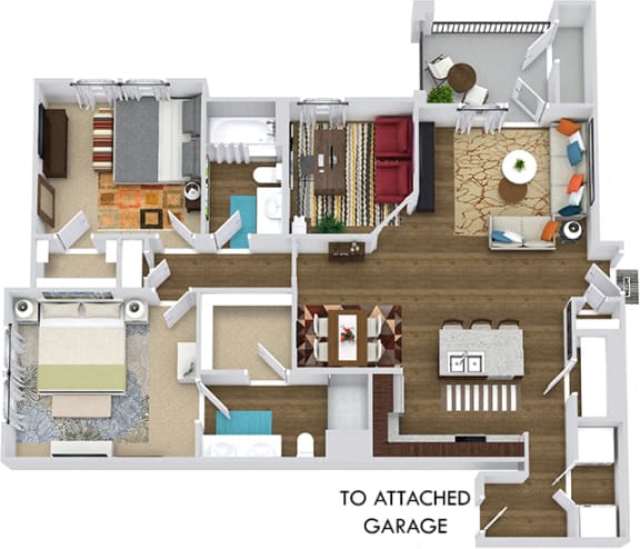 3D Durango with Attached Garage. 2 bedroom apartment + study room. Kitchen with island open to living/dinning rooms. 2 full bathrooms, double vanity in master. Walk-in closet. Patio/balcony.