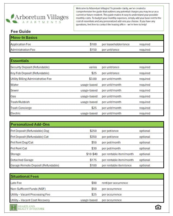 A page from a document detailing the fee guide for Arboretum Villages apartments.