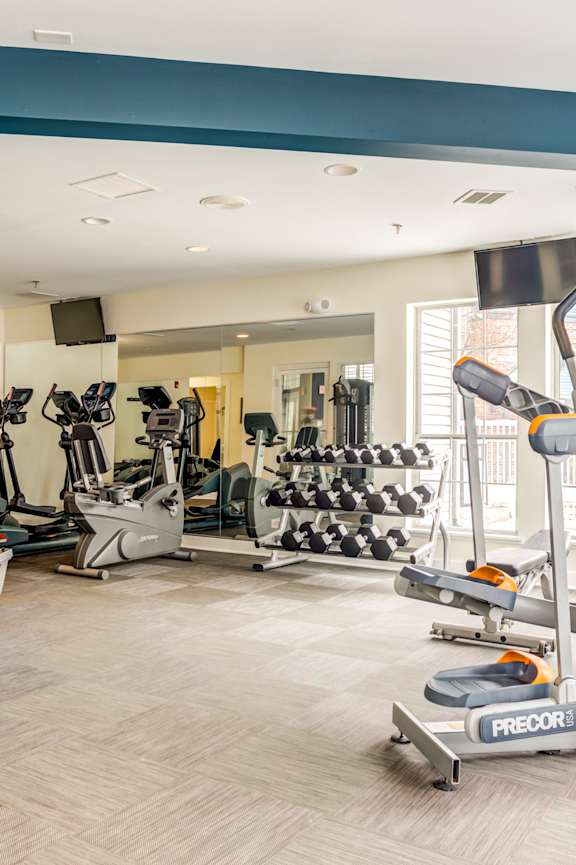 A gym with a variety of equipment including treadmills, weights, and exercise machines.