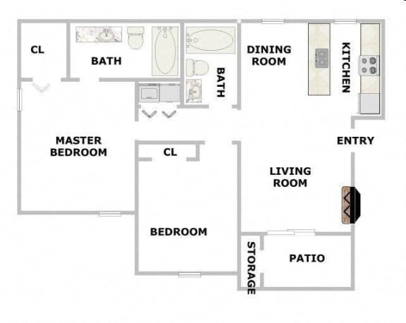 Floor Plan  896 Square-Foot 2 Bedroom 2 Bath Elmwood Floorplan at Pleasant Creek Apartments, Lancaster