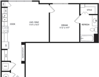 1 bedroom. 1 bath floorplan. galley style entry with built-in desk, butlers pantry leading to kitchen with pantry. Open to living/dining. Stackable W/D.