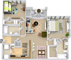 Davis 3D. 2 bedroom apartment. Kitchen with bartop open to living/dinning rooms. 2 full bathroom. Walk-in closets. Patio/balcony.