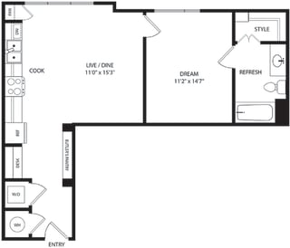 1 bedroom. 1 bath floorplan. galley style entry with built-in desk, butlers pantry leading to kitchen with pantry. Open to living/dining. Stackable W/D.