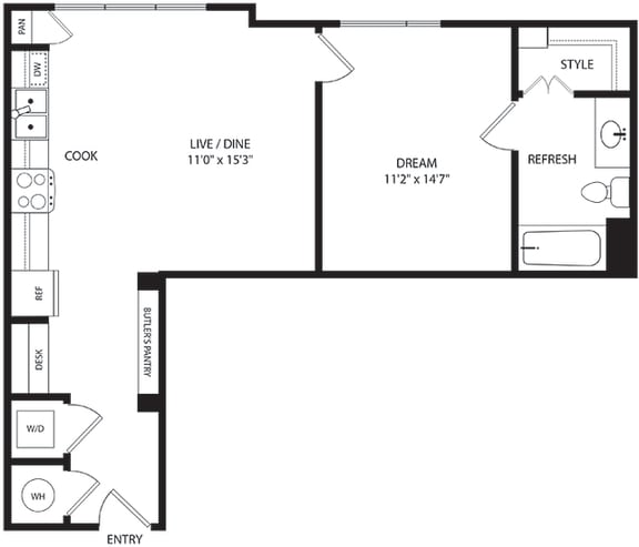 1 bedroom. 1 bath floorplan. galley style entry with built-in desk, butlers pantry leading to kitchen with pantry. Open to living/dining. Stackable W/D.