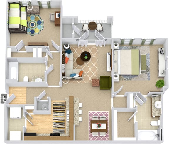 Davis 3D. 2 bedroom apartment. Kitchen with bartop open to living/dinning rooms. 2 full bathroom. Walk-in closets. Patio/balcony.