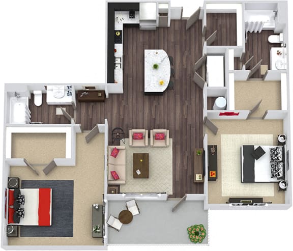 Preston 3D. 2 bedroom apartment. Kitchen with island open to living room. 2 full bathrooms. Walk-in closets. Patio/balcony.
