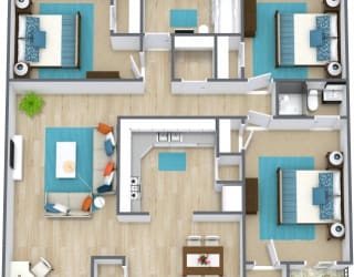 three bedroom floor plan  at Residences at Lakeshore Apartments, Oklahoma City, Oklahoma