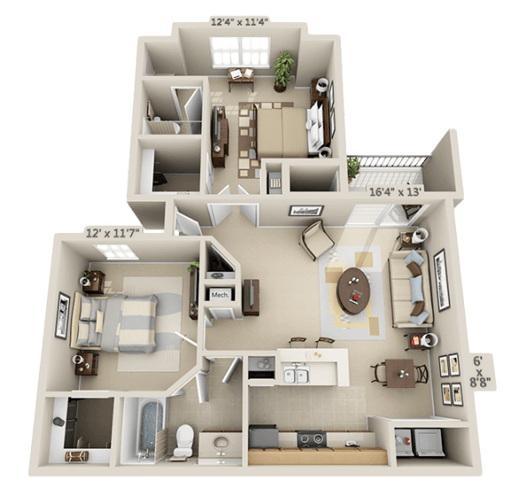 2 bed 2 bath apt floor plan