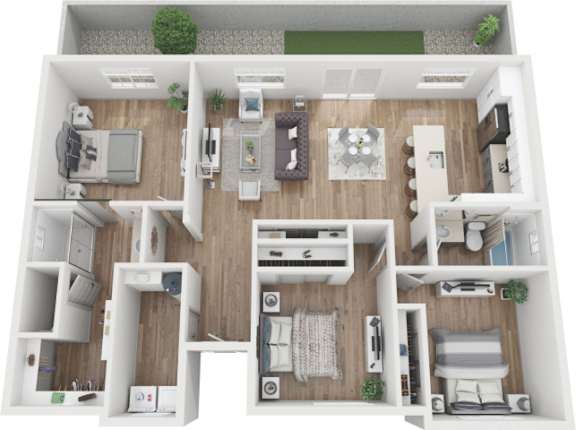 A top-down view of a modern, well-organized apartment layout.