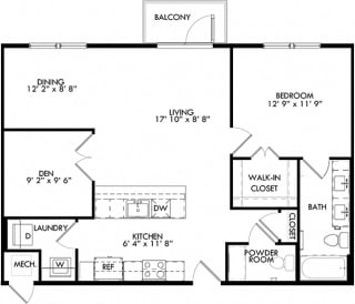 The Juliet floorplan with 1 Bedroom, 1 Bath, 1 Powder Room, and Den. Kitchen with peninsula Island. Open to Living and Dining room areas.