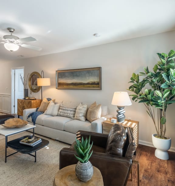 a living room with a couch and a ceiling fan