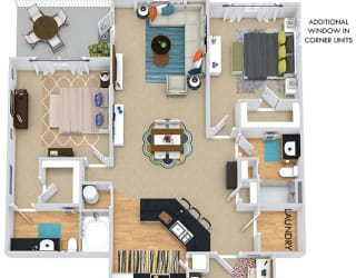 Graham II 3D. 2 bedroom apartment. Kitchen with bartop open to living/dinning rooms. 2 full bathrooms, shower stall in guest. Walk-in closets. Patio/balcony. Storage room.