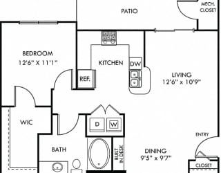 McKinney 1 bedroom apartment floorplan. Kitchen with bartop open to living room and dining room . 1 full bath with vanity. large walk-in closet. patio/balcony.
