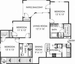 Windcrest. 3 bedroom apartment, stairs to entry/garage. Kitchen with bartop open to living/dinning rooms. 2 full bathrooms, double vanity in master. Walk-in closets. Patio/balcony.