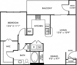 Lubbock 1 bedroom apartment. Large kitchen with bartop open to living and dining room. Built-in desk. 1 full bath. large walk-in-closet. Patio/balcony.