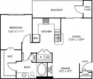 The Lubbock Lubbock 1 bedroom apartment. Large kitchen with bartop open to living and dining room. Built-in desk. 1 full bath. large walk-in-closet. Patio/balcony.