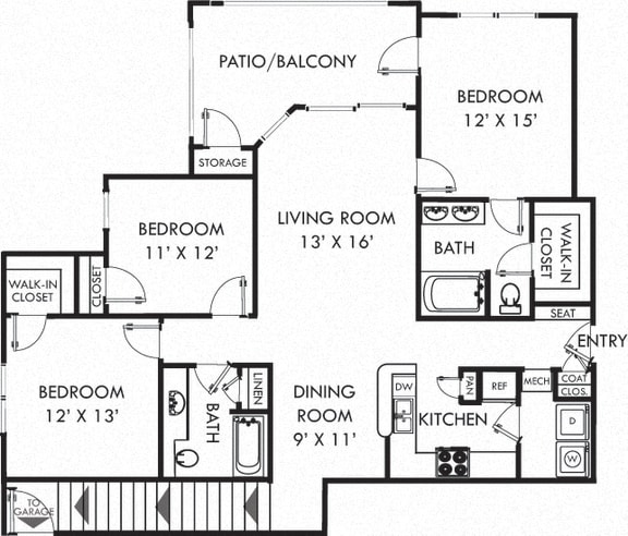 Windcrest. 3 bedroom apartment, stairs to entry/garage. Kitchen with bartop open to living/dinning rooms. 2 full bathrooms, double vanity in master. Walk-in closets. Patio/balcony.