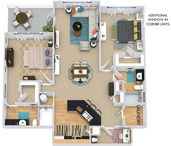Graham II 3D. 2 bedroom apartment. Kitchen with bartop open to living/dinning rooms. 2 full bathrooms, shower stall in guest. Walk-in closets. Patio/balcony. Storage room.