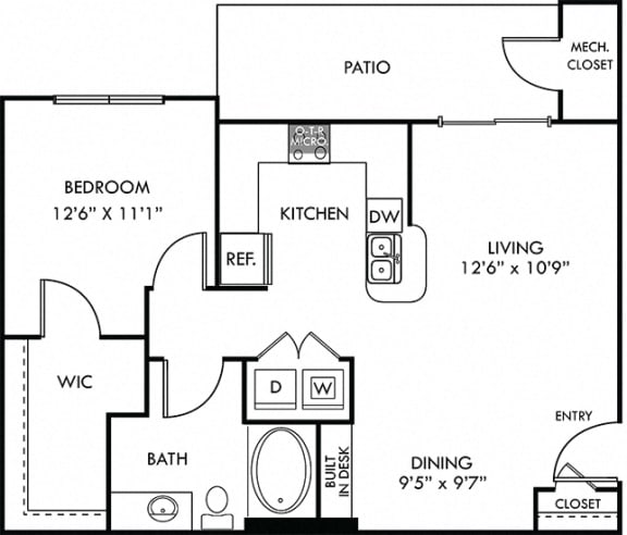 McKinney 1 bedroom apartment floorplan. Kitchen with bartop open to living room and dining room . 1 full bath with vanity. large walk-in closet. patio/balcony.