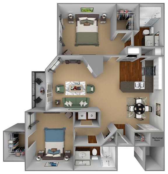 Egrets Landing Apartments - B1 (Egret) - 2 bedroom and 2 bath - 3D floor plan