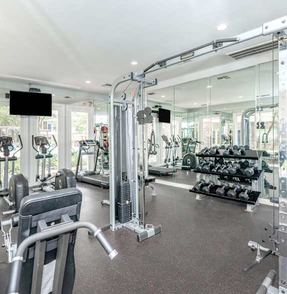 A gym with a variety of equipment including treadmills, weights, and exercise machines.