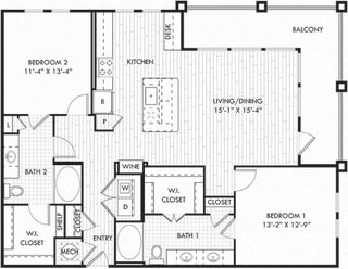 The Hayes The Hayes. 2 bedroom apartment. Kitchen with island open to living/dinning room. 2 full bathrooms, double vanity in master. Walk-in closets. Large wrap around Patio/balcony.