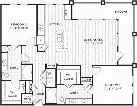 The Hayes. 2 bedroom apartment. Kitchen with island open to living/dinning room. 2 full bathrooms, double vanity in master. Walk-in closets. Large wrap around Patio/balcony.