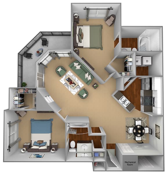 Egrets Landing Apartments - B2 (Seabreeze) - 2 bedrooms and 2 bath - 3D floor plan
