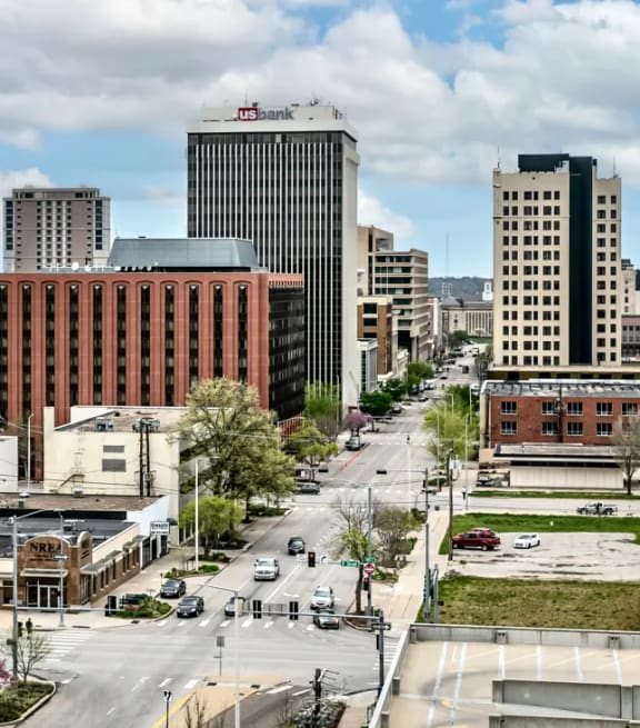 a view of the city from the roof of a building