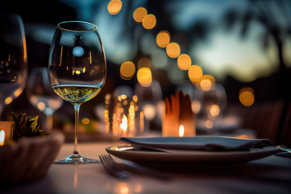 a glass of white wine on a table at CityView, Missouri, 64116
