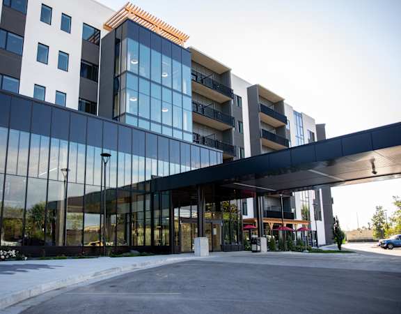 a view of the building from the parking lot